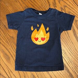 Rabbit Skins Navy Tee with Happy Heart-Eyed Flame Design Kids size 2